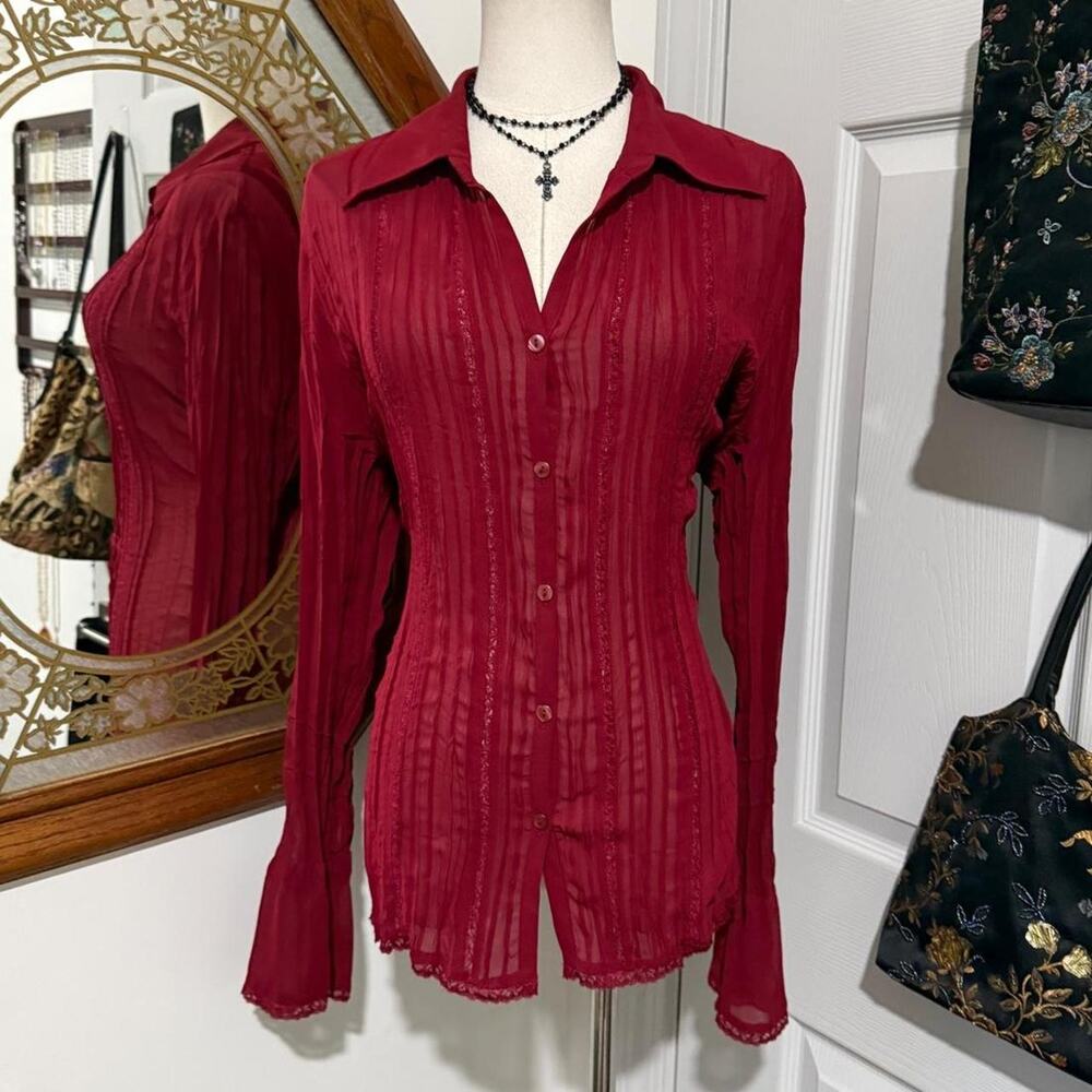 Y2K Notations Sheer Dark Red Crinkled Long Flare Sleeve Collared Button Down Top